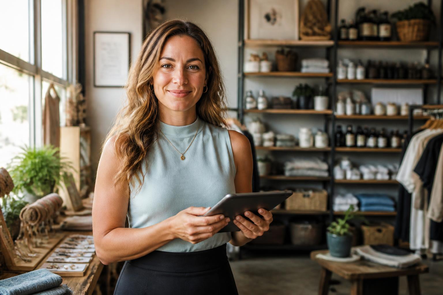 Small business owner reviewing her inventory in her shop